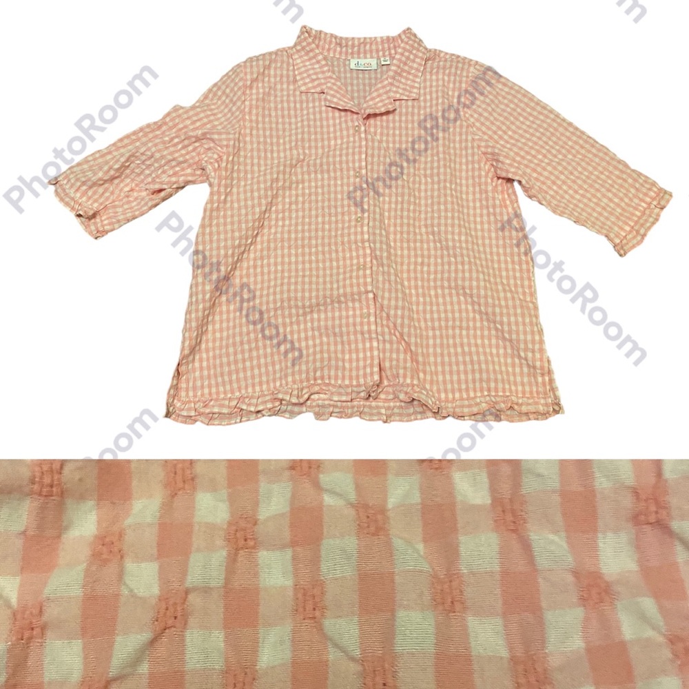 Denim&Co pink plaid seersucker button down with ruffled hem